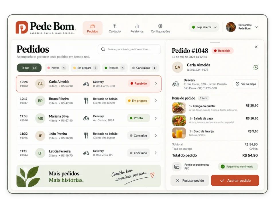 Mockup ilustrativo do painel de pedidos: lista organizada por status, detalhes dos itens e ações para conferir e aceitar um pedido.