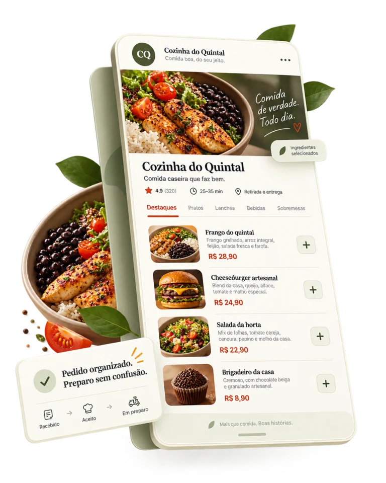 Exemplo ilustrativo de cardápio com fotos de pratos, preços e botões para escolher os produtos, ao lado de um resumo do preparo.